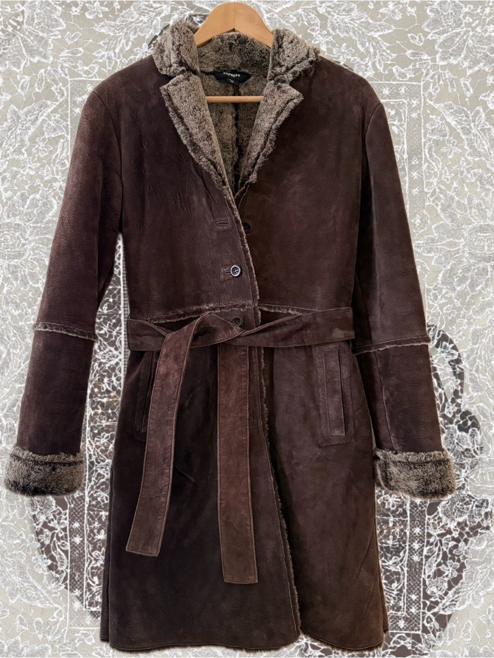VTG Women’s Dark Brown Suede Shearling Coat with Belt
